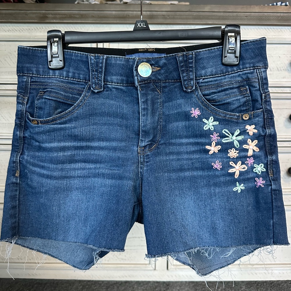 Democracy Blue Jean Shorts with Embroidered Design